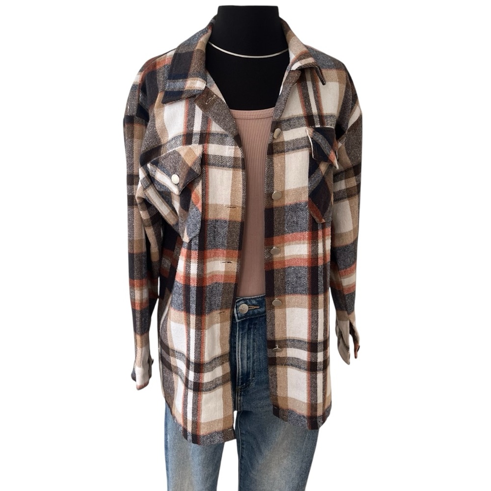 Plaid button up knit over shirt light shacket black orange M